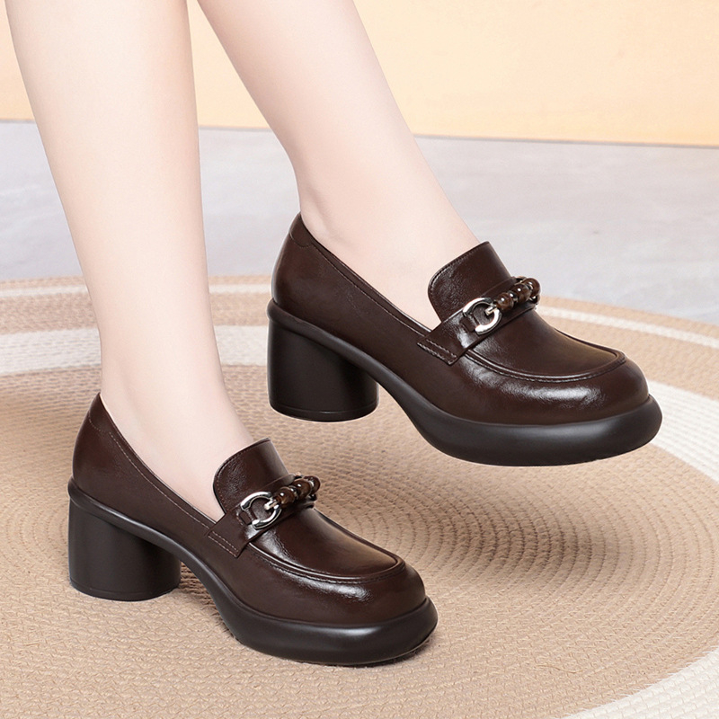 Women Chunky Heel Loafers Bead - Leather Work Flats Women recension och pris