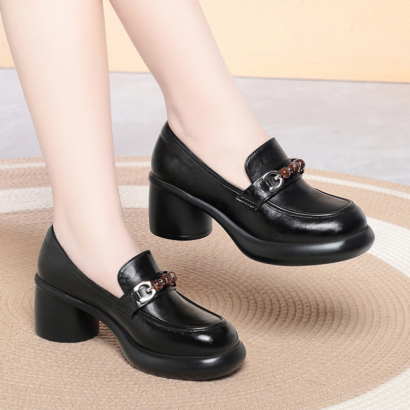 Women Chunky Heel Loafers Bead - Leather Work Flats Women recension och pris